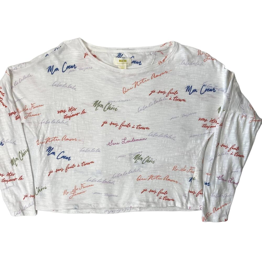 Anthropologie Maeve Paris Colorful French Script  3/4 Sleeve Pullover